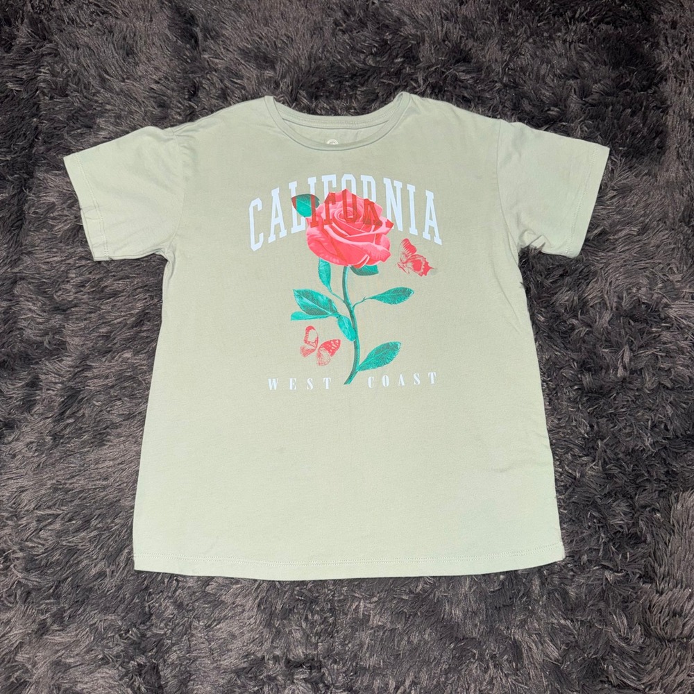 Wonder Nation Girls XL 14-16 California West Coast Rose Graphic Tee Sage Green